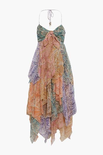 ZIMMERMANN Gestuftes Neckholder-Midikleid aus Seidenkrepon mit Print und Knotendetail
