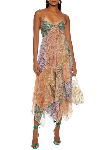 ZIMMERMANN Gestuftes Neckholder-Midikleid aus Seidenkrepon mit Print und Knotendetail