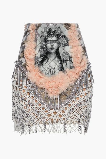 BALMAIN Embellished tulle, printed PVC and macramé leather mini skirt