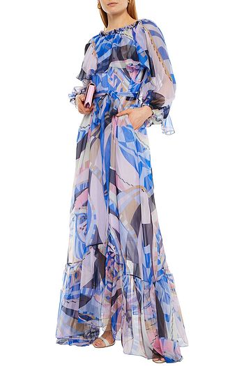 EMILIO PUCCI Belted ruffle-trimmed printed silk-voile maxi dress