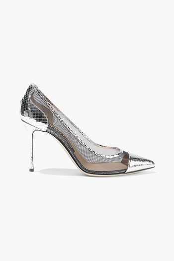 SERGIO ROSSI Godiva mirrored snake-effect leather and mesh pumps