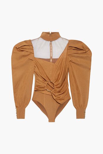 BALMAIN Ring-embellished tulle-paneled draped stretch-knit bodysuit