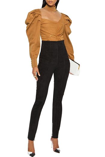 BALMAIN Ring-embellished tulle-paneled draped stretch-knit bodysuit