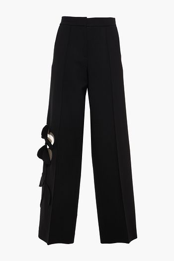 OSCAR DE LA RENTA Floral-appliquéd tulle-trimmed wool-blend straight-leg pants