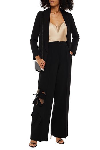 OSCAR DE LA RENTA Floral-appliquéd tulle-trimmed wool-blend straight-leg pants