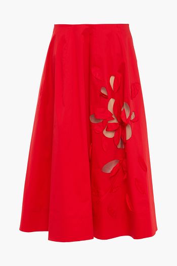 OSCAR DE LA RENTA Floral appliquéd tulle-trimmed cotton-blend midi skirt