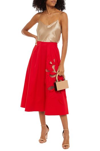 OSCAR DE LA RENTA Floral appliquéd tulle-trimmed cotton-blend midi skirt