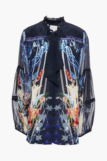 CAMILLA Pussy-bow printed silk crepe de chine and georgette top