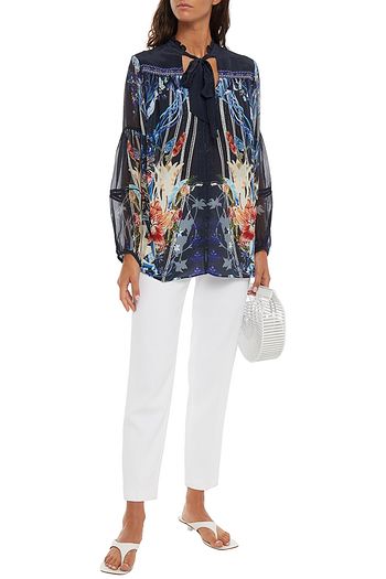 CAMILLA Pussy-bow printed silk crepe de chine and georgette top