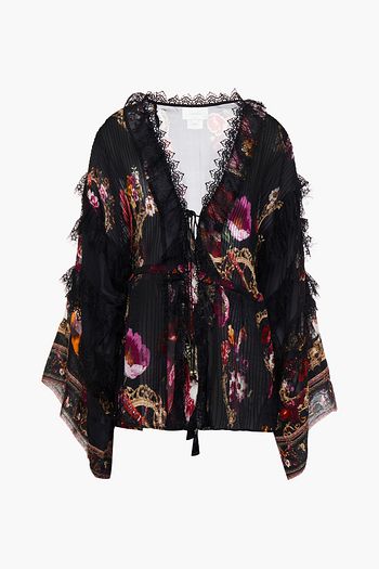 CAMILLA Lace-trimmed pintucked floral-print silk-chiffon jacket