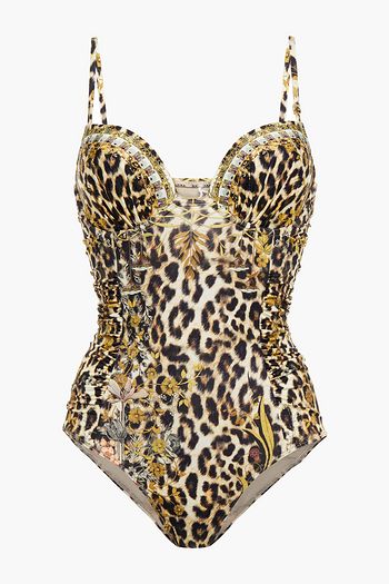 CAMILLA Crystal-embellished ruched leopard-print swimsuit
