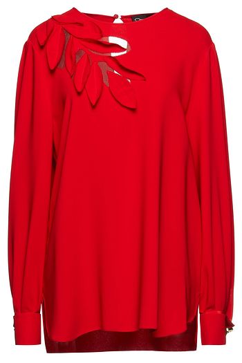 OSCAR DE LA RENTA Floral-appliquéd tulle-trimmed stretch-silk blouse