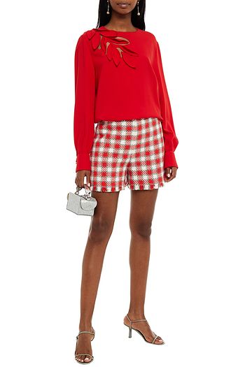 OSCAR DE LA RENTA Floral-appliquéd tulle-trimmed stretch-silk blouse