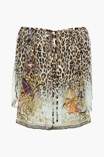 CAMILLA Off-the-shoulder crystal-embellished leopard-print silk blouse