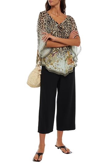 CAMILLA Off-the-shoulder crystal-embellished leopard-print silk blouse