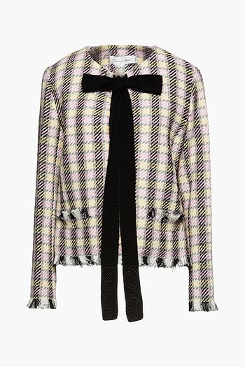 OSCAR DE LA RENTA Grosgrain-trimmed frayed houndstooth tweed jacket