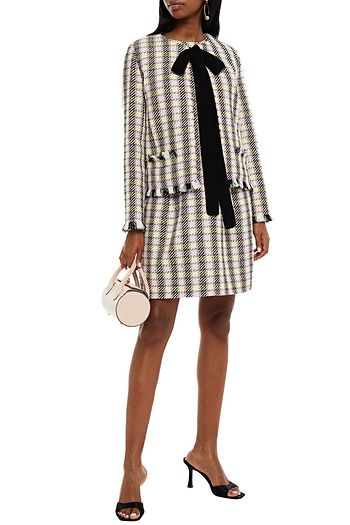OSCAR DE LA RENTA Grosgrain-trimmed frayed houndstooth tweed jacket