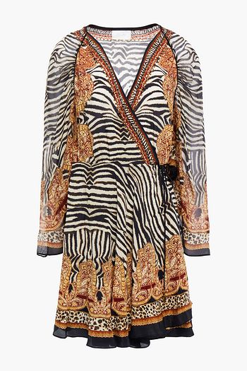 CAMILLA Embellished printed silk mini wrap dress