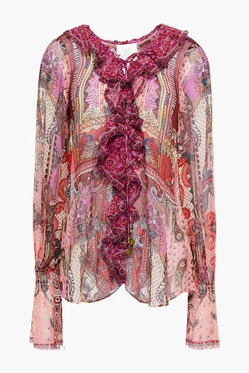CAMILLA Lotus Lovers ruffle-trimmed embellished printed silk-crepon blouse