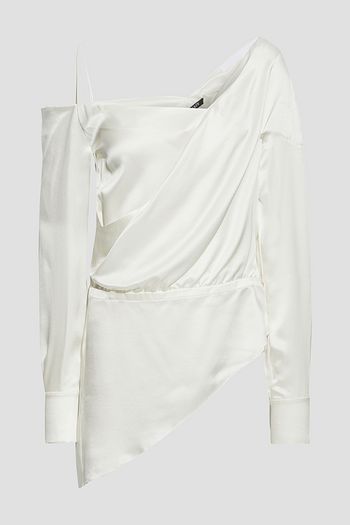 BALMAIN Asymmetric wrap-effect draped silk-satin peplum top
