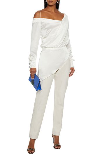 BALMAIN Asymmetric wrap-effect draped silk-satin peplum top