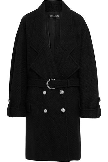 BALMAIN Belted metallic wool-blend bouclé-tweed coat