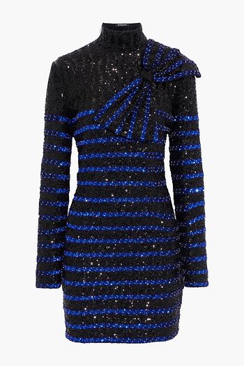 BALMAIN Bow-embellished striped sequined tulle mini dress