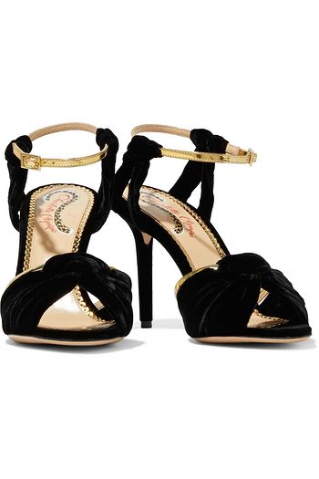 CHARLOTTE OLYMPIA Broadway metallic leather-trimmed knotted velvet sandals