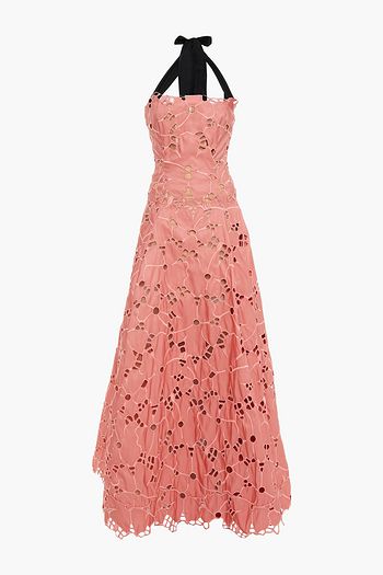 OSCAR DE LA RENTA Gathered broderie anglaise faille halterneck gown