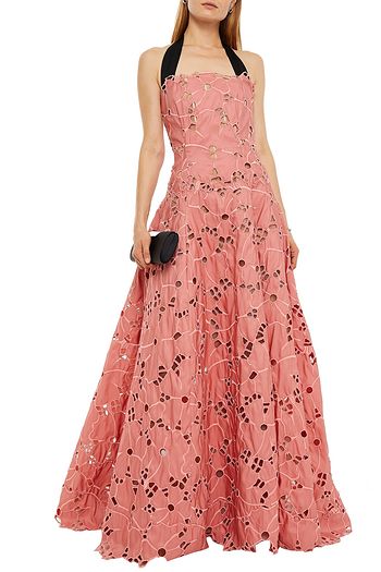 OSCAR DE LA RENTA Gathered broderie anglaise faille halterneck gown