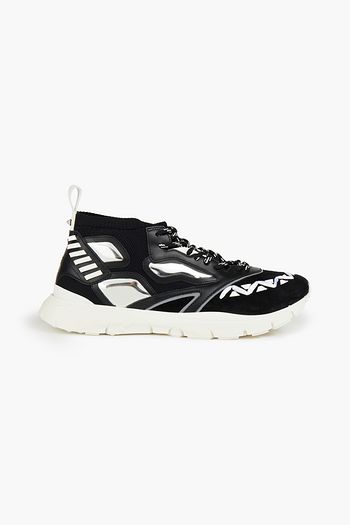 VALENTINO GARAVANI Heroes Reflex faux raffia-trimmed leather, suede and knitted sneakers