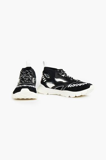 VALENTINO GARAVANI Heroes Reflex faux raffia-trimmed leather, suede and knitted sneakers