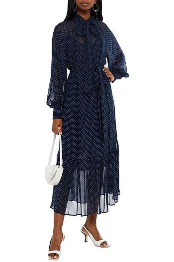MICHAEL MICHAEL KORS Pussy-bow gathered polka-dot chiffon midi dress