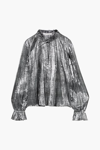JONATHAN SIMKHAI Ruffle-trimmed plissé-lamé blouse