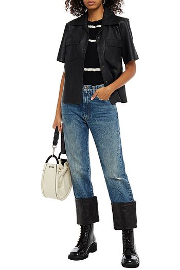 R13 Kelly leather-paneled distressed high-rise straight-leg jeans