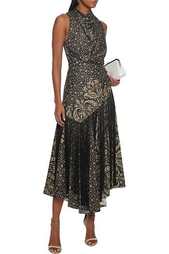 JONATHAN SIMKHAI Asymmetric wrap-effect fringed printed satin-twill midi dress
