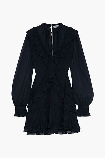 JONATHAN SIMKHAI Tie-neck lattice-trimmed ruffled georgette mini dress