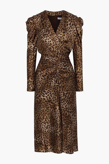 JONATHAN SIMKHAI Ruched leopard-print silk-blend satin midi dress