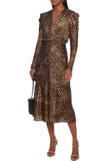 JONATHAN SIMKHAI Ruched leopard-print silk-blend satin midi dress