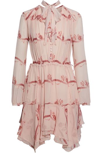 JONATHAN SIMKHAI Pussy-bow crochet-trimmed floral-print silk-crepon dress