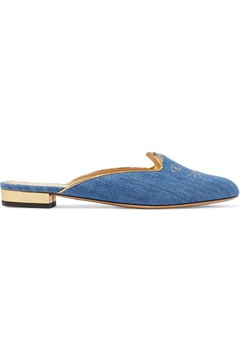 CHARLOTTE OLYMPIA Kitty embroidered denim slippers
