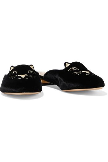 CHARLOTTE OLYMPIA Kitty embroidered velvet slippers