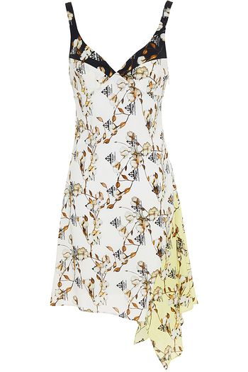 OFF-WHITE™ Asymmetric patchwork-effect printed crepe mini dress
