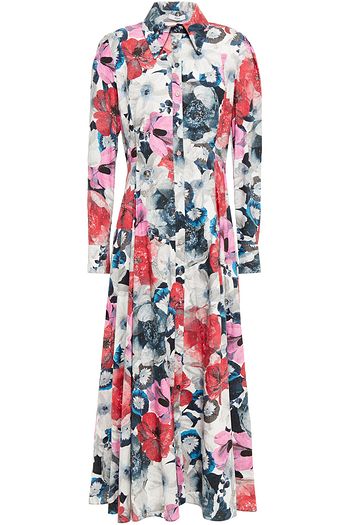 ERDEM Josianne bow-detailed pleated floral-print cotton midi shirt dress