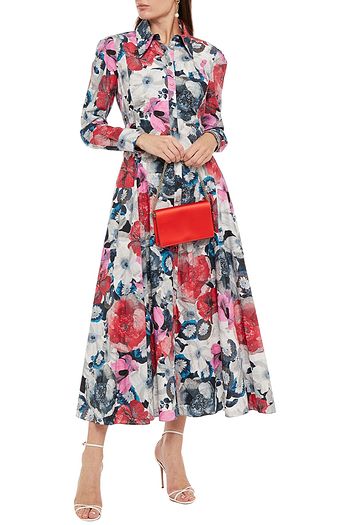 ERDEM Josianne bow-detailed pleated floral-print cotton midi shirt dress