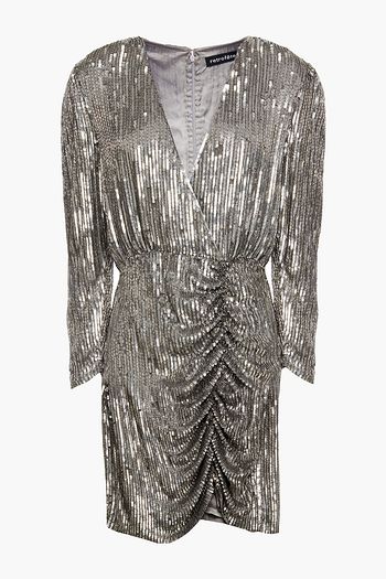 RETROFÊTE Wrap-effect embellished ruched crepe mini dress