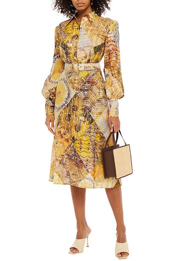 LEO LIN Belted linen and cotton-blend midi shirt dress