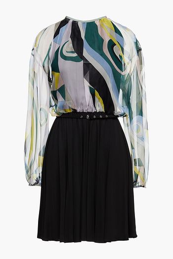 EMILIO PUCCI Belted paneled jersey and printed silk-chiffon dress