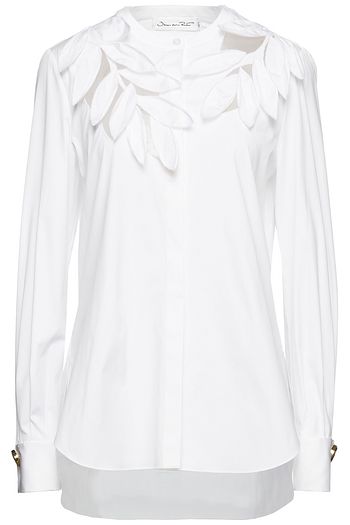 OSCAR DE LA RENTA Floral-appliquéd tulle-trimmed cotton-blend poplin shirt