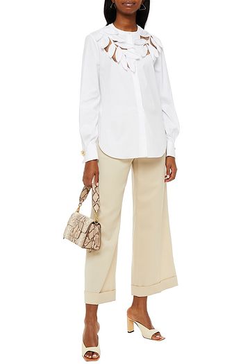 OSCAR DE LA RENTA Floral-appliquéd tulle-trimmed cotton-blend poplin shirt